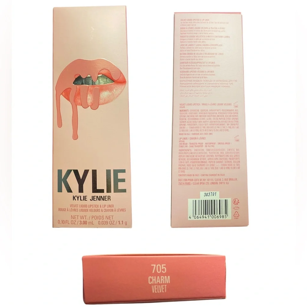 KYLIE COSMETICS Velvet Lip Kit in Color Charm (705) w/3 piece Bag Set 🆕 - Picture 7 of 11